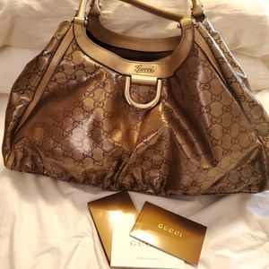 GUCCI Bronze metallic coated canvas Abby D ring Hobo Satchel